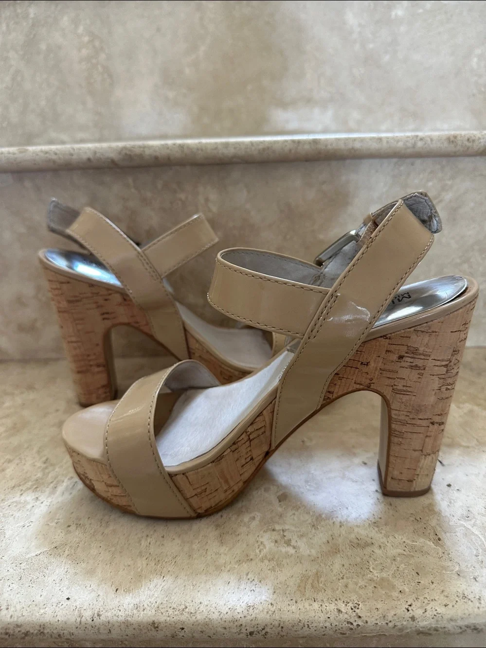 MICHAEL Michael Kors IVANA Nude Patent Leather Cork Platform Sandals - Size 7M